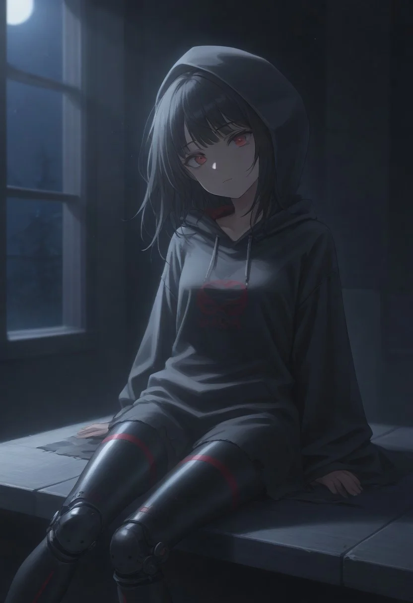 IsomerMob, hood, hood up, black hair, bangs, hooded cloak, red eyes, long hair, black cloak, mechanical legs, torn clothes,
looking at viewer, head tilt, closed mouth,
window, dark, night, night sky,
score_9, score_8_up, score_7_up, 1girl, solo, solo focus, highres, absurdres, light particles, shade, lens flare, shiny skin, fine fabric emphasis,