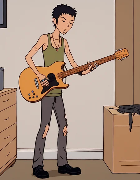score_9, score_8_up, score_7_up, highly detailed, solo
BREAK <lora:Trent_Lane_Daria_-_Pony-000013:1>, trentlane, male, black hair, black eyes, goatee, multiple earrings, green tank top, necklace, single wristband, multiple rings, black pants, torn pants, black shoes, indoors, playing guitar