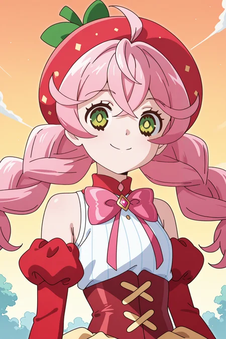 <lora:AcroTrip:1>, AcroTrip, 1girl, pink hair, solo, braid, bow, twin braids, hat, long hair, detached sleeves, green eyes, magical girl, bowtie, red headwear, ahoge, red sleeves, corset, smile, pink bow, shirt, puffy sleeves, hair between eyes, long sleeves, sleeveless, beret, pink bowtie, twintails, white shirt, outdoors, sky,