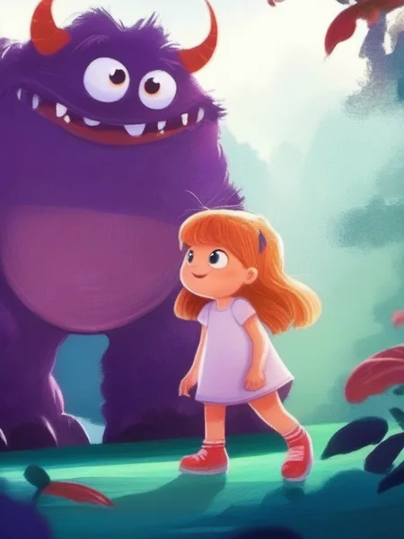A little girl is standing in front of a giant monster., <lora:kids:1> illustration