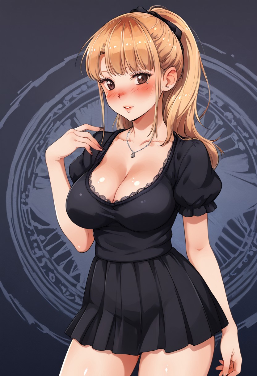 detailed background, shiny skin, <lora:engawa.pony:1.0>, engawa, aika, large breasts, wide hips, clothed girl, looking at viewer, gothic fashion,