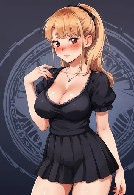 detailed background, shiny skin, <lora:engawa.pony:1.0>, engawa, aika, large breasts, wide hips, clothed girl, looking at viewer, gothic fashion,