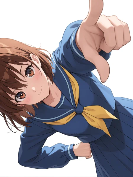 masterpiece,best quality,newest,
1girl,solo,
<lora:yukimura_keiko_ilxl_v1.1:1>,y_keiko,brown eyes,brown hair,short hair,
k_clothes,blue sailor suit,long_sleeves,yellow neckerchief,blue long skirt,
<lora:Fixhands_anime_bdsqlsz_V1:1>,looking_at_viewer,upper_body,face_focus,dynamic_angle,cinematic_angle,reaching,pointing,pov,smile,white_background,simple_background,blush,standing,blue shirt,