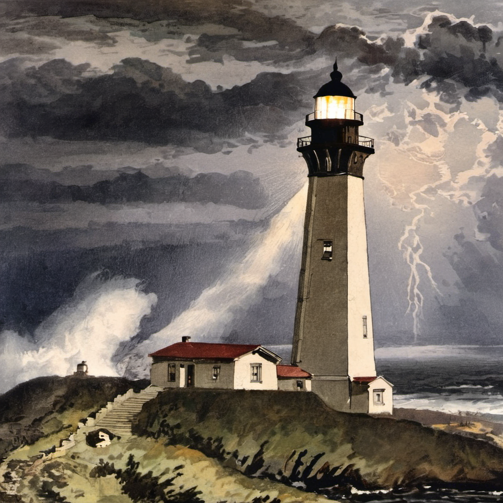 wcxl, sea, huge waves, rainy day, dark, night, thunder, lighthouse <lora:watercolorXL:1>