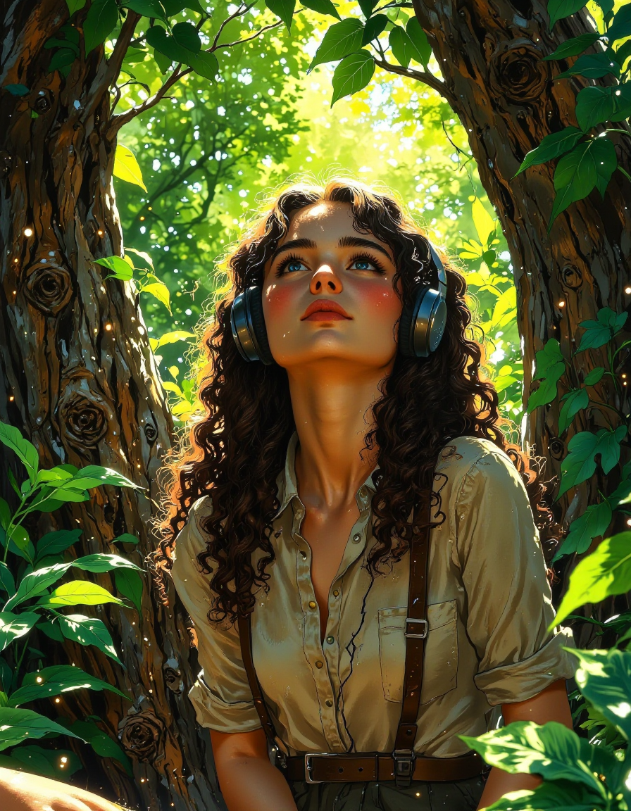 a person with wavy brown hair, wearing big black headphones, sitting calmly surrounded by lush green forest foliage.  They're looking upwards into the sunny sky, enjoying the peace. They have on a light-colored button-down shirt and brown suspenders. Sunlight is filtering through the leaves, casting soft shadows and highlights all around, especially on the textured bark of the trees and the soft fabric of their clothes. The artistic style is like a detailed digital painting with soft, natural light, focusing on the textures of the leaves and the person's curly hair, <lora:- Flux1 - vanta_black_V2.0:0.6>, <lora:Vibrantly_sharp_style_v.2:0.8>, <lora:Cozy_Paradise:0.8>, <lora:FantasyWizardWitchesFluxV2-000001:0.8>