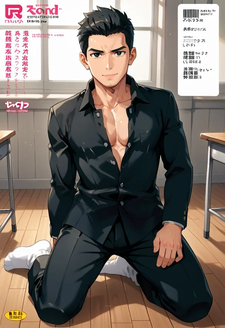 safe_pos, (Aaaild, Aaadjd, manga cover, magazine cover, text) source_anime, safe_pos, perfect anatomy, perfect proportions, best quality, masterpiece, high_resolution, high quality, solo focus, male focus, male only, bara, gay, homo, mature, masculine, manly, virile, macho, hunky, rugged, beefy, handsome, alluring, seductive, heroic, serious, grim, stern, unsociability, bluntness, gruffness, naughty face, smug, smirk, dazed, looking at viewer, focusing gaze, (view from above), BREAK (asian man, dark eyes, black hair, sideburns, facial hair, thin stubble), BREAK (gakuran, black gakuran, black clothes, buttoned clothes, long sleeves, black pants, white socks), BREAK kneeling on floor, leaning foreward, hand behind back, contemplative expression, horny, kinky, domination, heavy breathing, enticed, shading, countershading, indoors, classroom, wooden floor