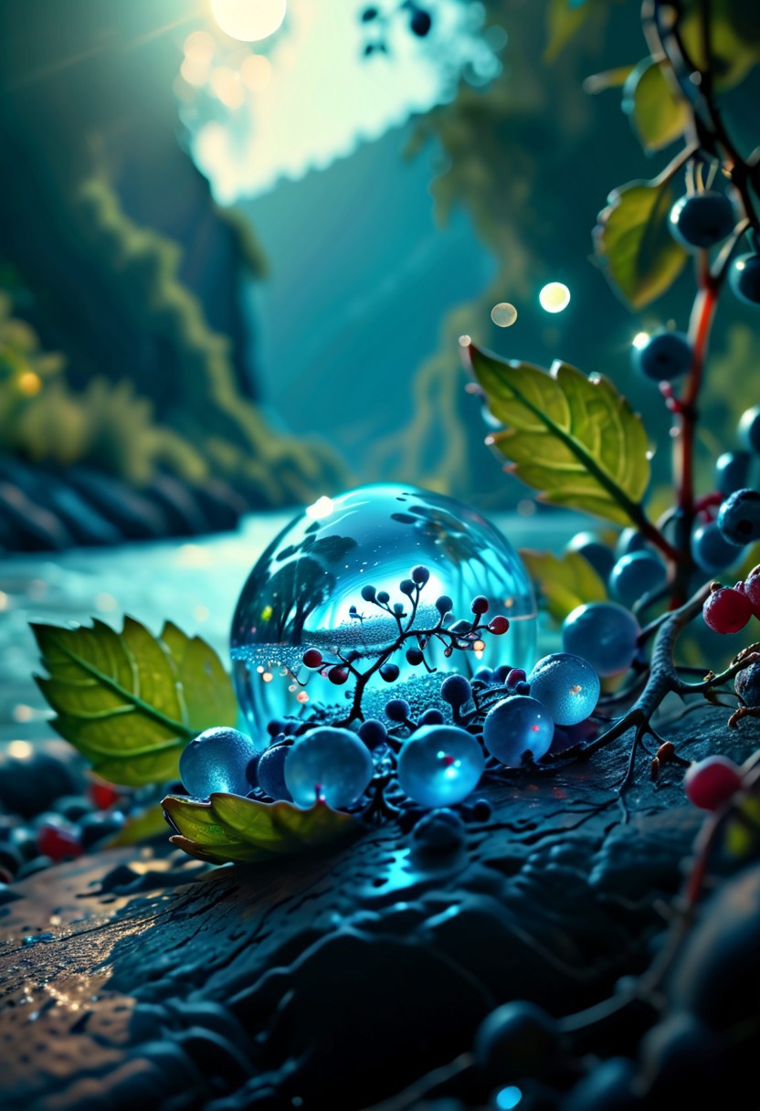 (8k analog nature photography:1.2), (a beautiful landscape:1.1) Extreme realism,  Insanely realistic, with a river in the distance, shiny sapphire (crystal:1.2) berries ,<lora:Bio-Luminescence:1> bioluminescent, glowing, focus on the fruit.