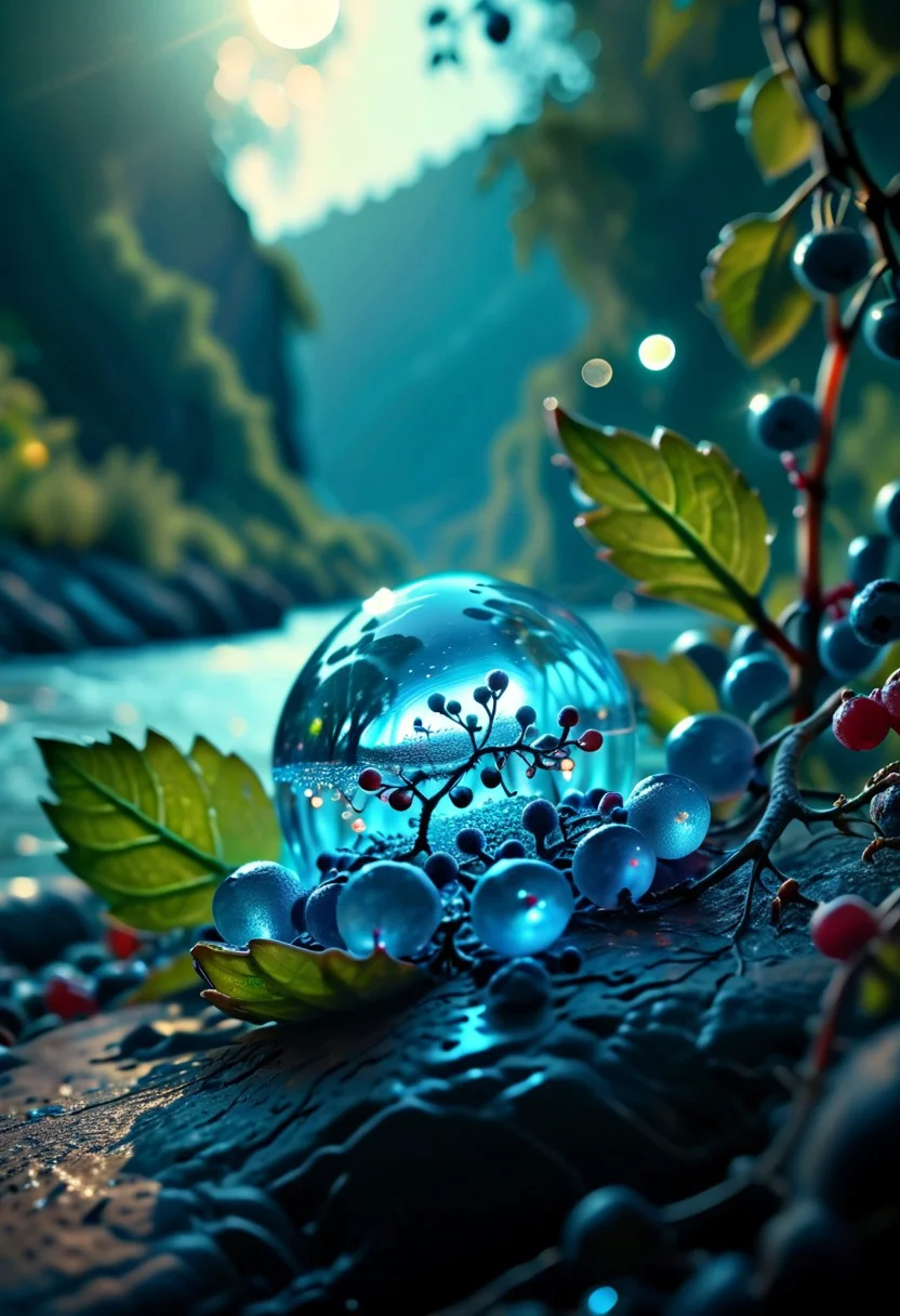 (8k analog nature photography:1.2), (a beautiful landscape:1.1) Extreme realism, Insanely realistic, with a river in the distance, shiny sapphire (crystal:1.2) berries ,<lora:Bio-Luminescence:1> bioluminescent, glowing, focus on the fruit.
