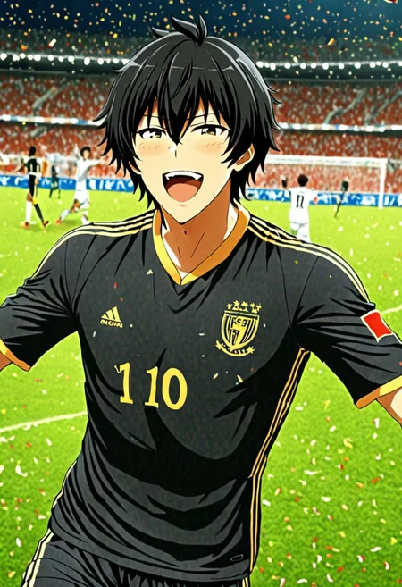 high resolution, solo, best quality, 1Boy, Seiya Kanie, black hair, short hair, thin, soccer player, field, portraits, sport photography, celebration, OverallDetail
