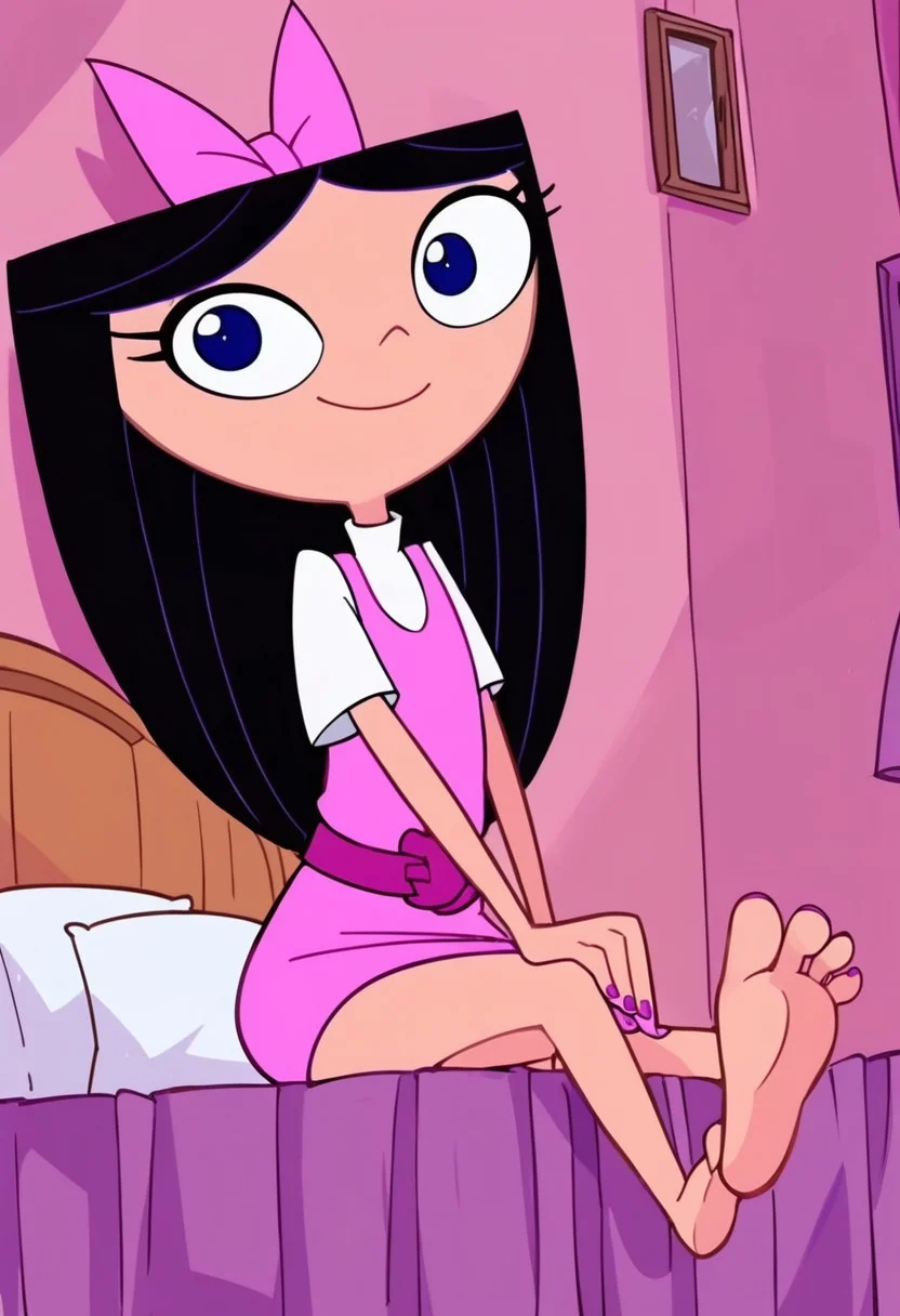 score_9, score_8_up, score_7_up, BREAK, masterpiece, highres, Isabellapony, 1girl, solo, black hair, long hair, hips, smile, blue eyes, pink dress, purple chest pocket, white undershirt, pink hairbow, barefoot, pink toenail polish, soles, smile, sitting, looking at viewer, indoors, bedroom, pink room, bed, flat chest, down below, <lora:isabella_garcia-shapiro:1>