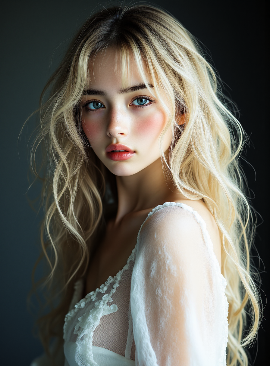 3D. 16K. Cosplay. photo model, as 18yo female, very very long wavy blonde hair, blue eyes (midjourney_whisper_innocent_eyes) wearing a white sheer dress, thin, breasts size 32C. dramatic lighting, masterpiece, art of Howard Chandler Christie, analog photography style, muted colors. 
(real_live_person:2.0),  (image gloss effect:3.0), (cinematic:2.0), (digital), DSLR camera, (The picture was taken with a Canon EOS R5 with a 50mm f/1.2 lens, camera in bright light). 
