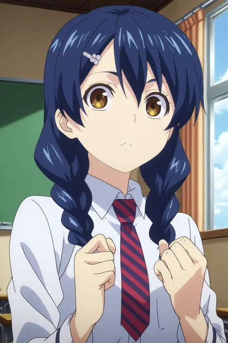 megumi tadokoro,1girl,solo,looking_at_viewer,twin braids,braid,yellow eyes,hair ornament,hair clip,school uniform,necktie,breasts,stripped necktie,standing BREAK indoors,japanese classroom,classroom,simple decor, organized shelves, neat rows, kanji on the board,windows,blue sky,Wooden floors, low desks, chalkboard, sliding doors, sunlight, quiet, neat rows,cowboy shot Making a heart with fingers, <lora:Megumi_Tadokoro_-_Food_Wars.safetensors:0.8> <lora:detailed_backgrounds_v2.safetensors:0.8>