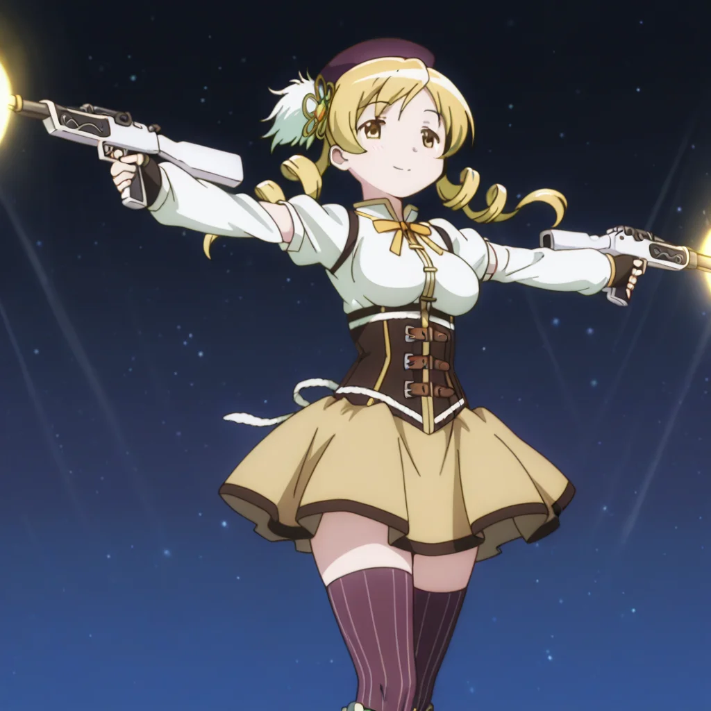 rollingbusterrifle, holding gun, beam rifle, spread arms, outstretched arms, dual wielding, 1girl, solo, Mami Tomoe, cowboy shot, outer space, light smile, legs together,
