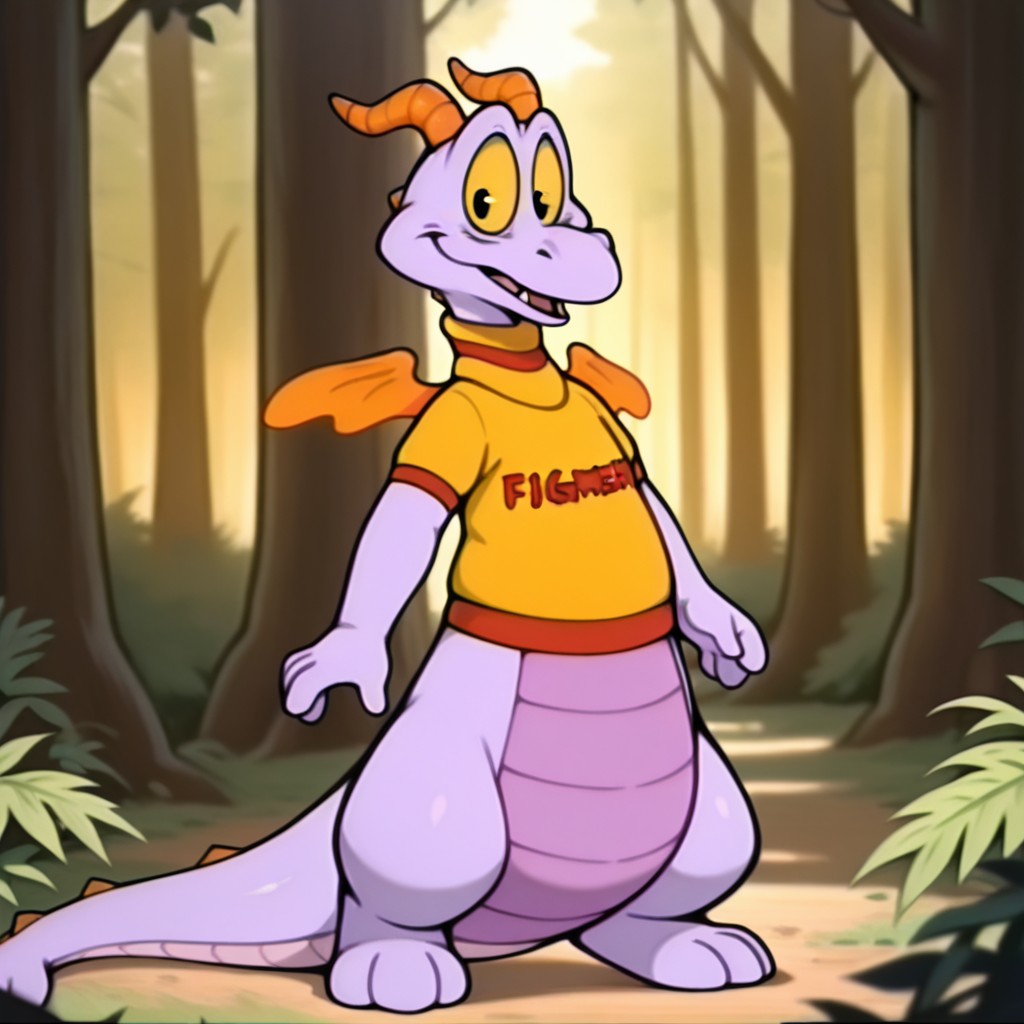 masterpiece, best quality, amazing quality, Figmentdrgnil, semi-anthro, dragon, purple skin, black eyes, yellow sclera, orange horns, orange wings, yellow shirt with red trim,  standing, in a forest, full body, looking at viewer, solo, <lora:b8848c94-532a-43ed-9cc0-6a79739f308e:1.0>