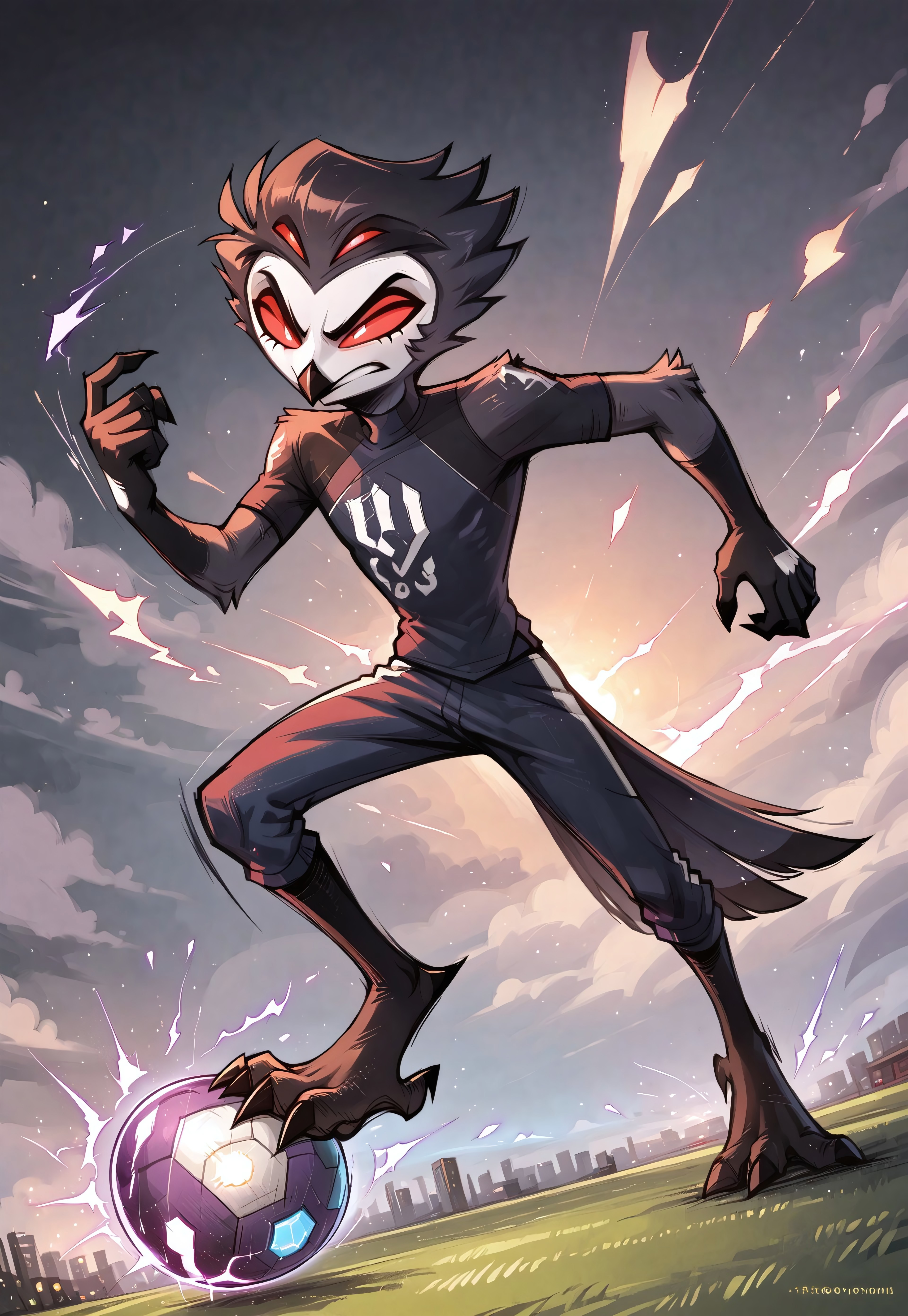 masterpiece, score_9_up, score_8_up, score_7_up, score_6_up, source_furry, (best quality:1.1), ultra-detailed, high resolution, solo, highly detailed macro illustration, StolasGoetia, helluva boss, male, owl demon, beak, long eyelashes, (determined facial expression), slim body, red sclera, long eyelashes, soccer uniform, soccer, Corks BREAK dynamic shot, action pose, background players, soccer game, kicking ball, ball on foot, flipping off viewer, Outdoors, BREAK Highly Visible, sharp focus, perfect lighting, anatomically correct, extremely detailed, high detail, Expressiveh, detailed background, zPDXL3
