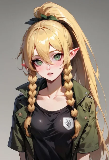 (masterpiece, best quality), 1girl, collarbone, {leafa, green eyes, blonde hair, ponytail, long hair, hair between eyes, bangs, twin braids, pointy ears,((black lather jacket,black latex t-shirt)),lock at viewer
score_9, score_8_up, score_8_up, layering, 1girl, exposed, large soft breast, slender body, ultra detailed,(g0thicPXL:0.3), <lora:g0th1cPXL:0.3>, cover, exaggerated proportions, long hairs , blond hair, medium breasts ,large elastic buttocks, round bubble ass, (ultra wide angle shot:0.65), shallow depth of field, smooth skin texture, alluring curves, tasteful sensuality, softcore, Expressiveh