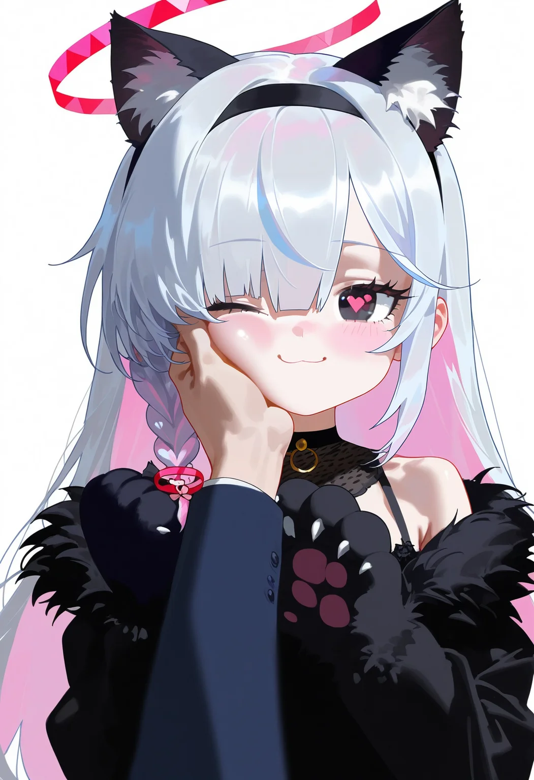 nyalia, 1girl, animal hands, animal ears, plana \(blue archive\), heart, halo, pov hands, black eyes, paw gloves, cat ears, pov, gloves, black hairband, long hair, cheek squash, hand on another's face, red halo, cat paws, hand on another's cheek, black choker, fur trim, hairband, symbol-shaped pupils, one eye closed, colored inner hair, braid, hair over one eye, multicolored hair, choker, looking at viewer, single braid, solo focus, pink hair, white background, white hair, fake animal ears, simple background, heart-shaped pupils, blush, red pupils, 1boy, upper body, closed mouth, bare shoulders, pink pupils, pink halo, tail, cheek press, cat tail, off shoulder, black gloves, 1other, two-tone hair, alternate costume, smile, animal ear fluff, sensei \(blue archive\), black coat, grey hair, long sleeves
<lora:ai_styles_collection_pony_v1:1>