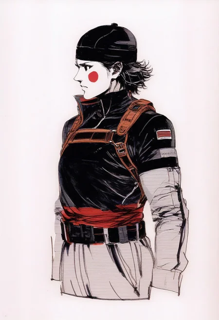 <lora:Yoji_v2-000014:0.85> yoji_shinkawa, ((portrait close up, female focus)), BREAK straps, harness, tactical belt, intense and focused, standing pose, looking to the side, full-body shot, white background, sleek and professional, modern and stylish, action-ready, detailed outfit, tactical suit, Traditional media, cold light, score_8_up, score_7_up, score_6_up, chaozu, 1boy, white skin, black eyes, no nose, blush stickers, (black hat), red sash, flying,