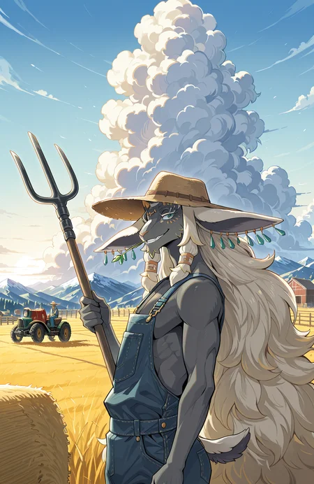 totk_rauru,
solo,
from side, wide shot, upper body, at side, backlighting,
facing to the side, looking at viewer,
farmer, stalk in mouth, overalls, hat,
grin, happy,
holding pitchfork,
<lora:[Char - IL] Zelda - Rauru (R1E20):1> 
BREAK
perspective, circular hay bale, mountainous horizon, tractor,
farm, hay, goats, fence, blue sky, day, high clouds, barn, grass,
masterpiece, best quality, amazing quality, very aesthetic, absurdres, newest,