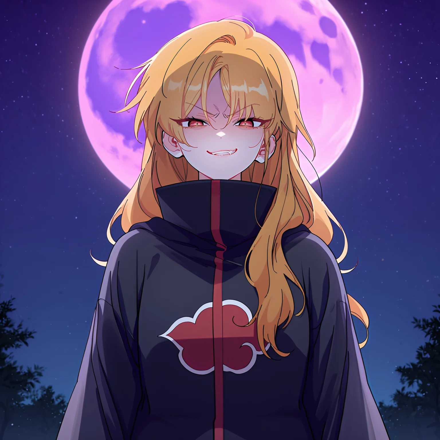 (masterpiece), (best quality), (ultra-detailed), (best illustration), (best shadow), (absurdres), (very aesthetic), 1girl, solo, <lora:Shuraina_West:1>, shushu, mahogany eyes, amber hair, long hair, <lora:akatsuki_uniformILL:1>, akatsuki_uniform, long jacket, cloak, high collar, angry smirk, looking at viewer, purple moon, night