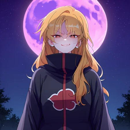 (masterpiece), (best quality), (ultra-detailed), (best illustration), (best shadow), (absurdres), (very aesthetic), 1girl, solo, <lora:Shuraina_West:1>, shushu, mahogany eyes, amber hair, long hair, <lora:akatsuki_uniformILL:1>, akatsuki_uniform, long jacket, cloak, high collar, angry smirk, looking at viewer, purple moon, night