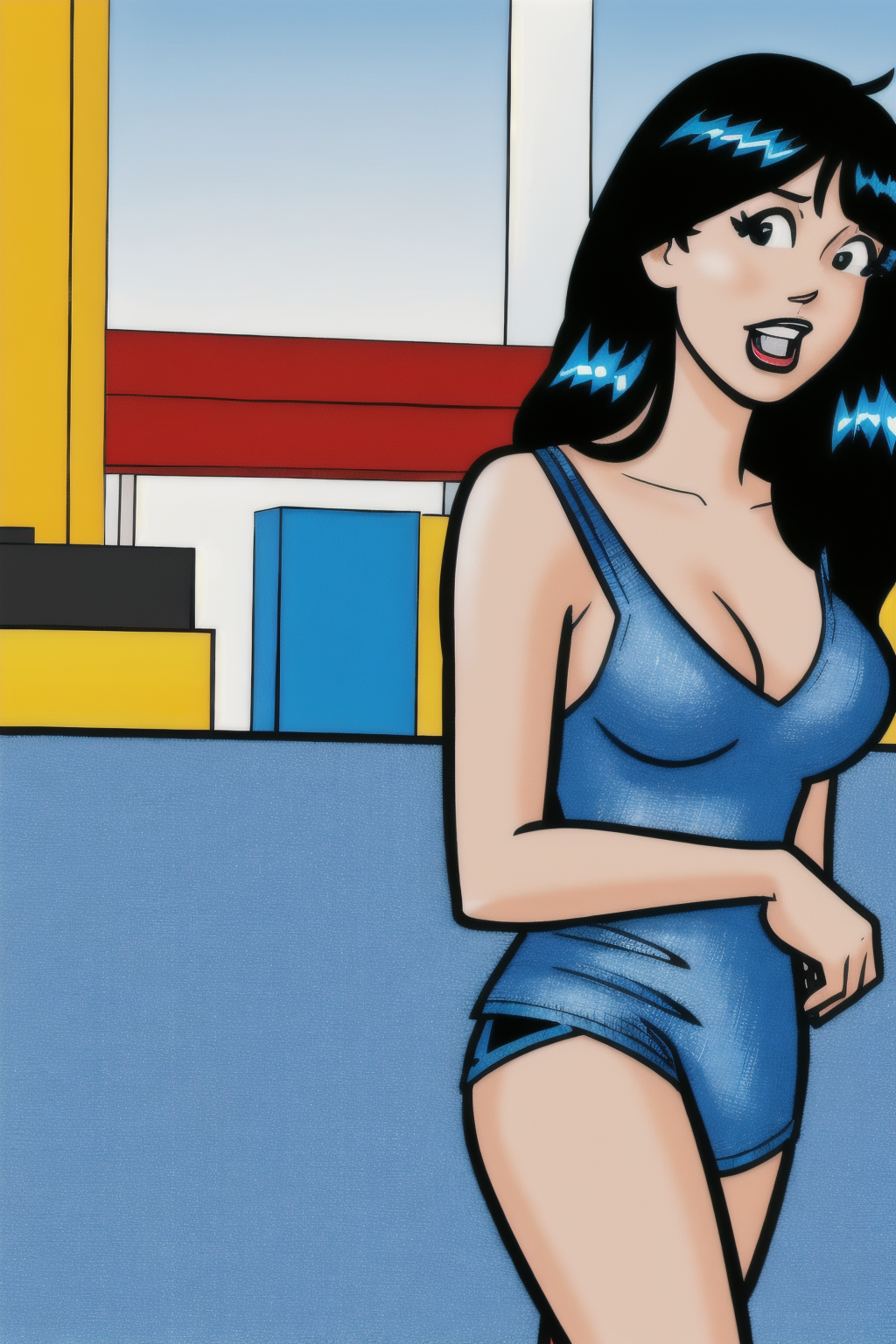 in the Patio, (Realistic:1.5) 1girl, solo, long hair, breasts, open mouth, black hair, dress, holding, cleavage, standing, Graphic tee with denim shorts, <lora:EdobVeronicaLodgeDanParent_v2.0:0.8>