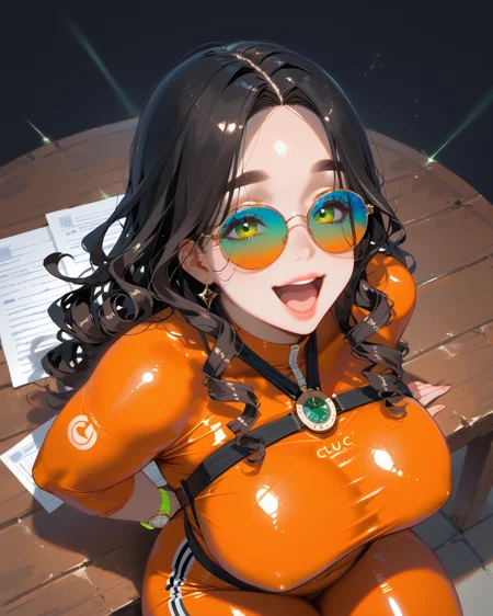 PonyScores7, source_anime, rating_safe, ah1, 1girl, (curly hair), long hair, (black hair:1.3), mature female, (parted hair:1.7), (round face:1.2), (no_bangs), (no_fringe), (thick eyebrows), (curvy), round-chin, (greenish hazel eyes), caucasian, (downturned eyes:1.2), (plump face), <lora:ETO_OCPonyXL:0.5> eto_oc, skindentation, (plump), thick thighs, wide hips, busty, voluptuous, kinky curls, lips, bad-hands-5, <lora:venus body PonyXL:0.6>, <lora:xl_more_art-full_v1:0.3>, <lora:shinyskin2:0.3> glistening skin, <lora:aesthetic_anime_v1s:0.3>, <lora:Expressive_H:0.3> Expressiveh, <lora:hairdetailpxl:0.3> hairdetailpxl, <lora:EpicF4nta5yXL:0.3>, <lora:detailxl:0.3> detailxl, <lora:Fant5yP0ny:0.3>, best quality, amazing quality, best aesthetic, absurdres, <lora:expressive eyes:0.3> expressive eyes, <lora:eyedetailpxl:0.3> eyedetailpxl, illustration, Volumetric_Lighting, ultra-detailed, very aesthetic, intricate details, 8k, masterpiece, best_quality, ((laughing out loud, head thrown back, open mouth)), (High Angle (from the side) view Close shot (focus on knees)), (Sitting on the edge of a table or ledge), (Esthetic Salon), (rifle green Neon orange bodysuit featuring large Supreme logos, two-tone Supreme sunglasses, white knee-high lace-up boots, Gucci Sylvie bag in emerald green, Omega Seamaster watch, high-gloss fabric, dual-tone sunglasses effect, textured laces, detailed monogram), <lora:Eyes_High_Definition:0.3> EyesHD, looking at viewer,  Stable_Yogis_PDXL_Positives, AS-Adult,