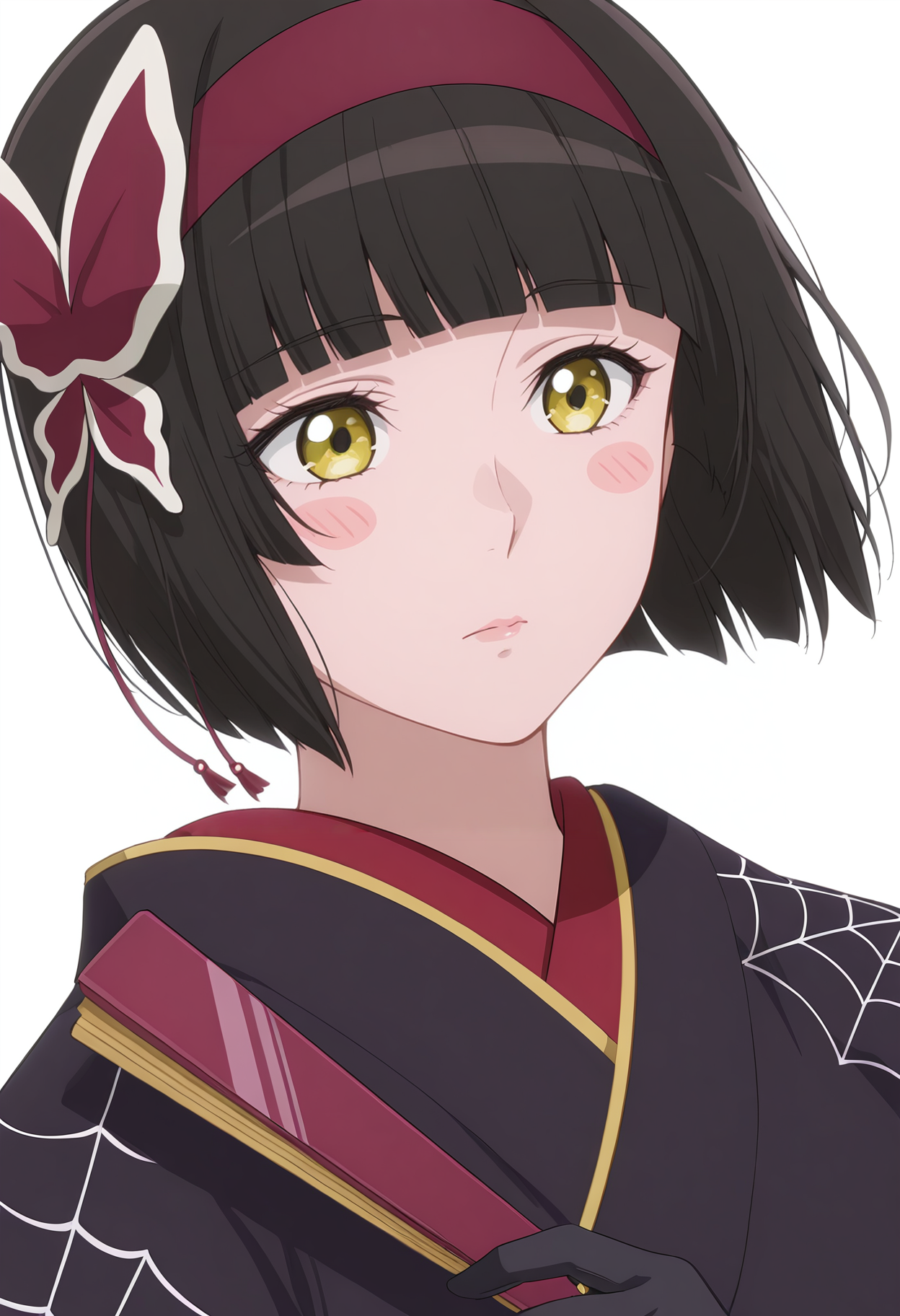 Smooth Quality,masterpiece, ultra realistic,
simple background, white background, 
dutch angle,blush stickers,wind, 
 <lora:MioCnn:0.8> Mio/Cnn, 1girl, short hair, bangs, japanese clothes, kimono, yellow eyes, hairband, blunt bangs, black gloves, black hair, spider web print,butterfly hair ornament,folding fan,