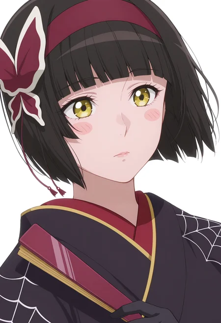Smooth Quality,masterpiece, ultra realistic,
simple background, white background, 
dutch angle,blush stickers,wind, 
 <lora:MioCnn:0.8> Mio/Cnn, 1girl, short hair, bangs, japanese clothes, kimono, yellow eyes, hairband, blunt bangs, black gloves, black hair, spider web print,butterfly hair ornament,folding fan,