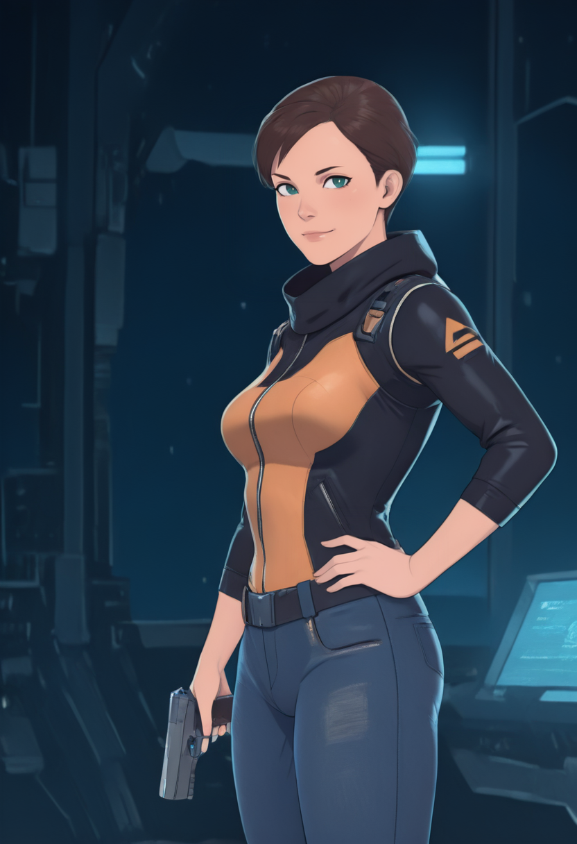 masterpiece, best quality, amazing quality,
from side,
1girl, solo, USEllenAndersHW2, jacket, jeans,
standing, facing viewer, holding handgun, hand on own hip,
looking at viewer, light smile, closed mouth,
indoors, bright lighting, science fiction, space, hologram,
<lora:USEllenAndersHW2:0.8>
