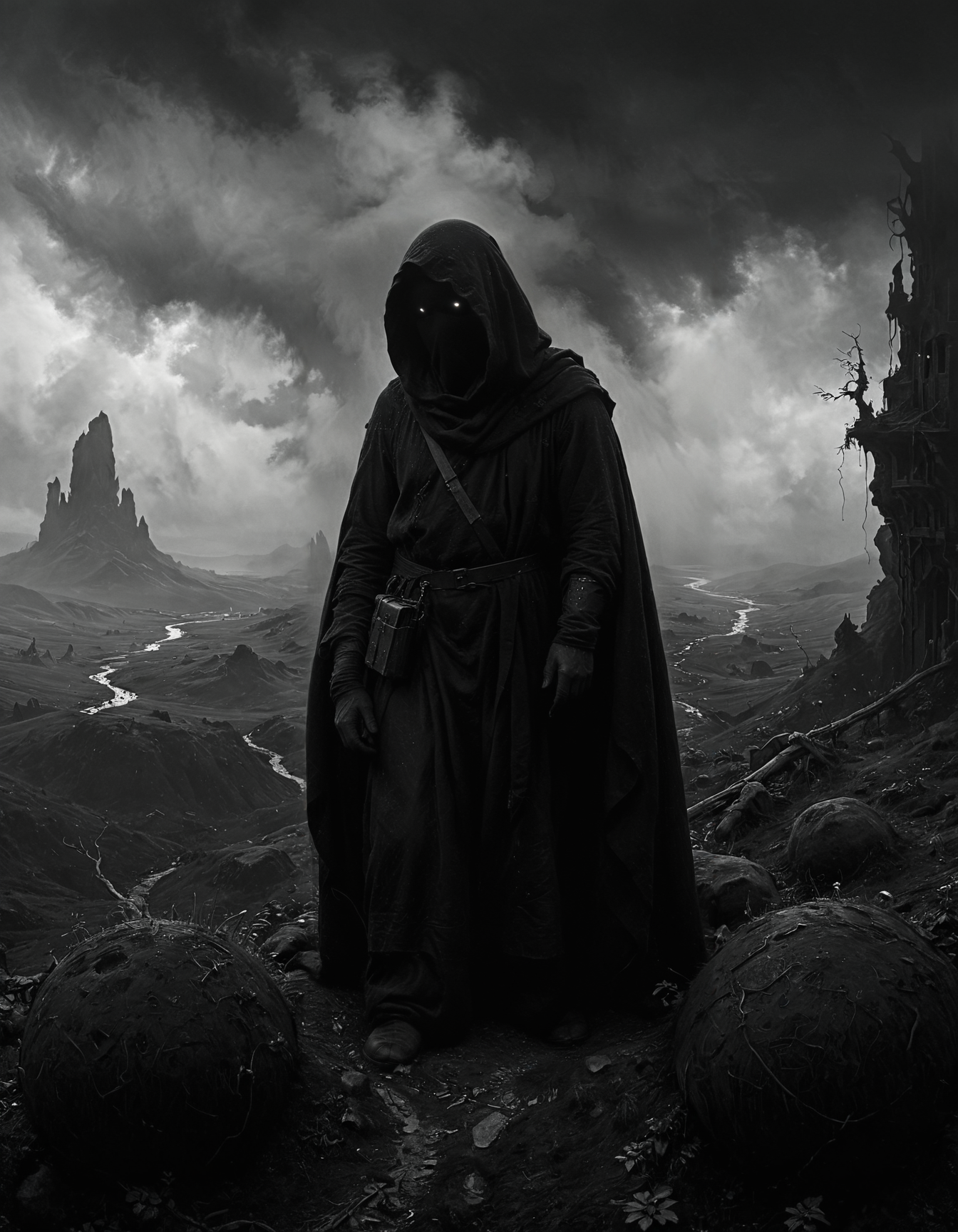 hyper realistic and highly detailed, monochrome masterful traditional oil painting by Etel Adnan , by Carl Spitzweg , by Alphonse Mucha  , famous artwork inspired by (jordan grimmer:1.2) and (wayne barlowe:1.2) and (karl kopinski:1.1), detailed expressive eyes, fantasy style, this image shows the "suspicious schloppsnap" in the lush regorbified lands of the accursed planet "nopenopenope", this slow and bumbling creature is icoring a spoxified quibblesnatch and attempts to balance atop stacks of erbelforing doodleplunk while surrounded by happily bouncing "jittery nutpoggers" , in the style of  realistic 3d-model , dark, shadows, black, shadow hues, highly artistic, highly painterly, harmonic,  expressive, ultimate aesthetic level, masterclass artistry, vibrant energy, apocalyptic mood, atmospheric haze and dense fog, highly aesthetic, glowing, translucent,  otherworldly, limited palette,  faded colors, washed out colors, extremely dark, extremely dramatic low key lighting, dark shadows, perfect composition, full panoramic shot
<lora:xl_more_art-full_v1:0.5> <lora:- SDXL - vanta-black_contrast_V3.0:0.5> <lora:Into_Darkness:0.5>  <lora:add-detail-xl:0.5> <lora:sss:0.6> sss