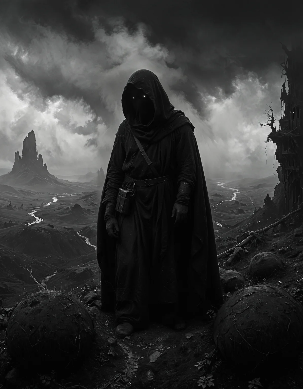 hyper realistic and highly detailed, monochrome masterful traditional oil painting by Etel Adnan , by Carl Spitzweg , by Alphonse Mucha , famous artwork inspired by (jordan grimmer:1.2) and (wayne barlowe:1.2) and (karl kopinski:1.1), detailed expressive eyes, fantasy style, this image shows the "suspicious schloppsnap" in the lush regorbified lands of the accursed planet "nopenopenope", this slow and bumbling creature is icoring a spoxified quibblesnatch and attempts to balance atop stacks of erbelforing doodleplunk while surrounded by happily bouncing "jittery nutpoggers" , in the style of realistic 3d-model , dark, shadows, black, shadow hues, highly artistic, highly painterly, harmonic, expressive, ultimate aesthetic level, masterclass artistry, vibrant energy, apocalyptic mood, atmospheric haze and dense fog, highly aesthetic, glowing, translucent, otherworldly, limited palette, faded colors, washed out colors, extremely dark, extremely dramatic low key lighting, dark shadows, perfect composition, full panoramic shot
<lora:xl_more_art-full_v1:0.5> <lora:- SDXL - vanta-black_contrast_V3.0:0.5> <lora:Into_Darkness:0.5> <lora:add-detail-xl:0.5> <lora:sss:0.6> sss