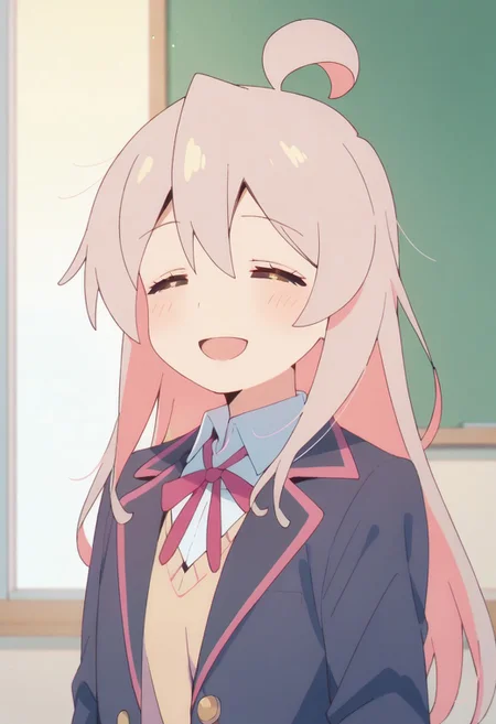 score_9, score_8_up, score_7_up, source_anime,oyama mahiro, long hair, pinkish-gray hair, brown eyes, 1girl, solo, closed eyes, ahoge, jacket, open mouth, school uniform, shirt, ribbon, blush, smile, blazer