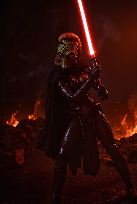 A hyper-realistic portrait, photorealistic photo close-up image of A full body shot of Rodian alien woman with snout and green skin in sithoutfit with a red lighsaber walking on lava (photography, high-resolution, dynamic, energetic,hyper-realistic, dramatic lighting, shallow depth of field.), detailmaximizer, MythP0rt<lora:midjourney_whisper_flux_lora_v01:0.55><lora:aidmaMJ6.1-FLUX-V0.1:0.4><lora:FluxMythP0rtr4itStyle:0.4><lora:detailed_flux_ntc:2.2><lora:aidmaImageUpgrader-FLUX-V0.1:0.65><lora:RODIAN_1:1.1><lora:SITH_FLUX:1.3>
