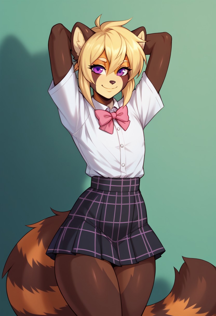 drawpanther_style,score_8_up, score_7_up, solo, foxacuwaku, red panda,1boy, femboy, long blonde hair, purple eyes, slim waist, wide hips, multicolored skin, brown tail, yellow face, BREAK,cute, sunny day, white shirt, pink bow tie, black plaid skirt, looking at the viewer, hands behind his back, wide smile,peech bubble above his head saying ''AcuWacu you are the best!''