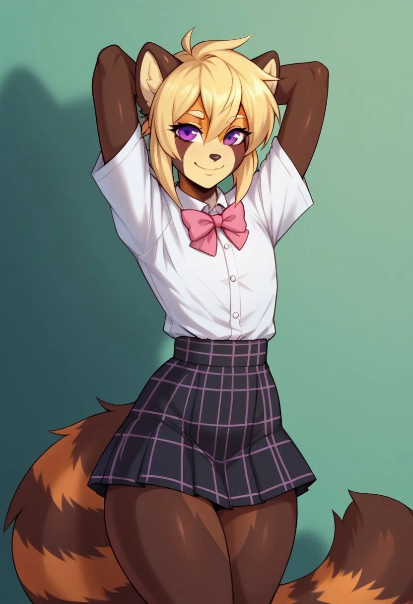 drawpanther_style,score_8_up, score_7_up, solo, foxacuwaku, red panda,1boy, femboy, long blonde hair, purple eyes, slim waist, wide hips, multicolored skin, brown tail, yellow face, BREAK,cute, sunny day, white shirt, pink bow tie, black plaid skirt, looking at the viewer, hands behind his back, wide smile,peech bubble above his head saying ''AcuWacu you are the best!''