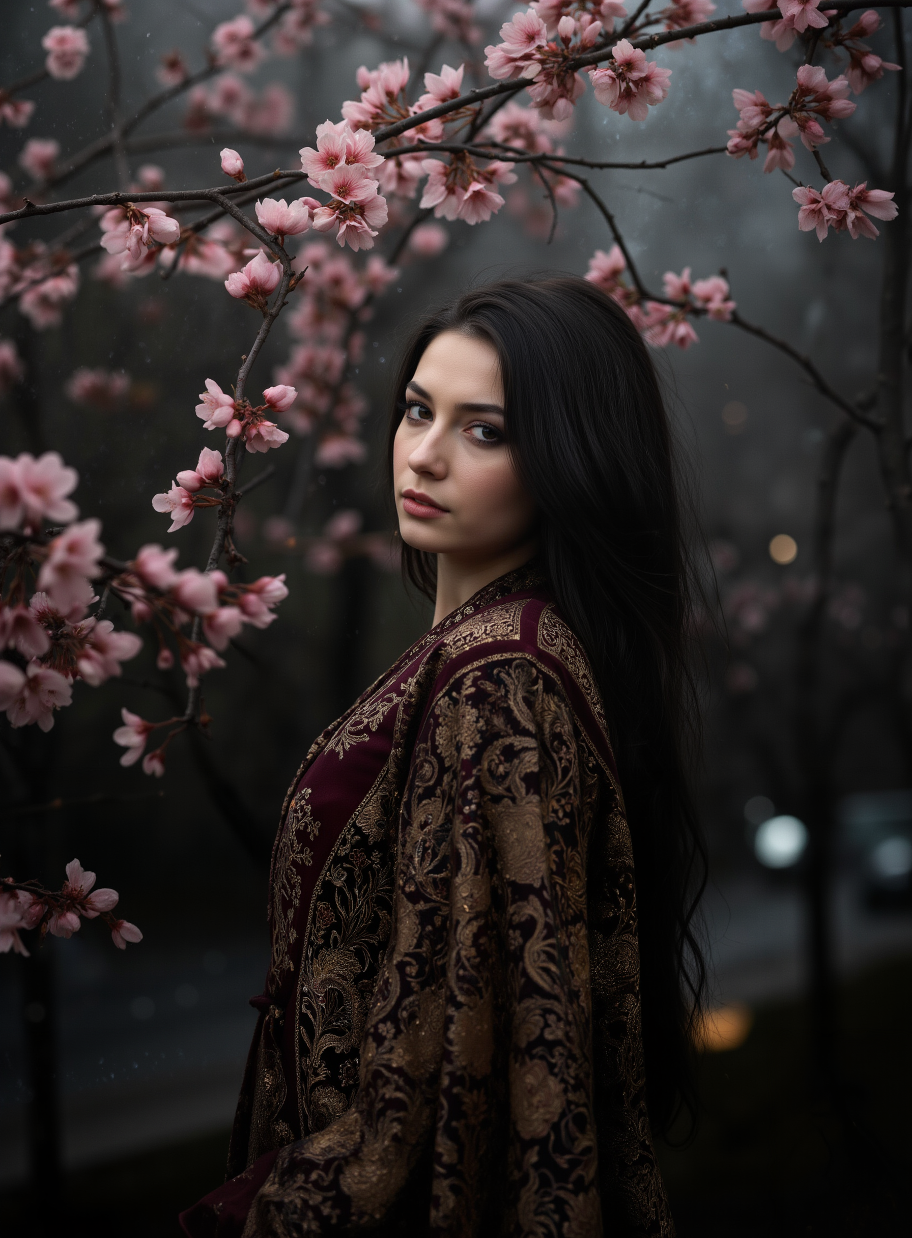 mysterious and elegant ukrainian woman with long, dark, flowing hair stands amidst blooming cherry blossom branches. She gazes softly toward the viewer with an intense, serene expression. She wears an ornate, embroidered robe with floral patterns in deep burgundy, gold, and black tones, evoking a luxurious, bohemian style. Soft, cinematic lighting illuminates her face and creates a dreamy glow through the blossoms. The background is dark and misty, with floating bokeh lights and soft fog creating a magical, ethereal atmosphere. Highly detailed, fantasy portrait, 85mm lens, shallow depth of field, moody and romantic aesthetic, fine art photography style, chiaroscuro lighting, elegant and enchanting mood.
