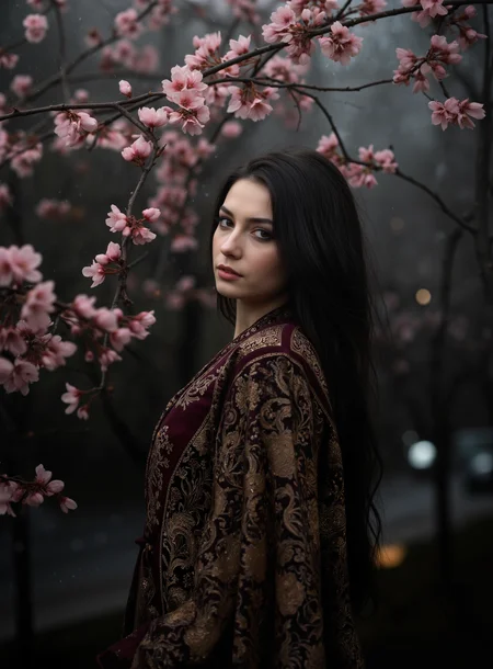 mysterious and elegant ukrainian woman with long, dark, flowing hair stands amidst blooming cherry blossom branches. She gazes softly toward the viewer with an intense, serene expression. She wears an ornate, embroidered robe with floral patterns in deep burgundy, gold, and black tones, evoking a luxurious, bohemian style. Soft, cinematic lighting illuminates her face and creates a dreamy glow through the blossoms. The background is dark and misty, with floating bokeh lights and soft fog creating a magical, ethereal atmosphere. Highly detailed, fantasy portrait, 85mm lens, shallow depth of field, moody and romantic aesthetic, fine art photography style, chiaroscuro lighting, elegant and enchanting mood.