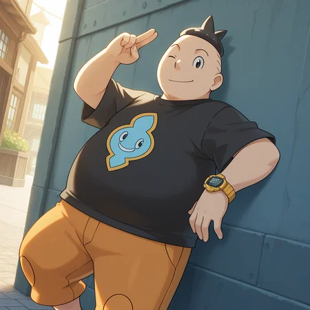 radiant reflections, rich color tones, deep contrast, intricate textures, luminous lighting, cinematic ambiance, shimmering gradients, best quality, colorful, masterpiece, detailed_background, <lora:tierno-v1:1> p-benigno, 1boy, chubby, young:0.5, black print t-shirt, watch, orange capri pants, against wall, two-finger salute, from side, leaning back, looking at viewer, outdoors, one eye closed,