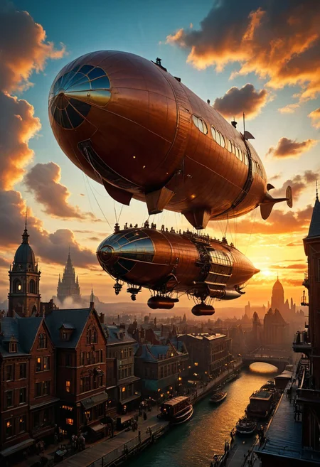 ultra HD, high quality, 4K, score_9, score_8_up, score_7_up, photo, extremely detailed, 8k, high quality, Source_photo, real photo, sharp,
steampunk zeppelin airship flying over a steampunk city, skyscrapers, vibrant, dynamic, sunset, silhouetted, clouds, scenery, masterpiece, perfect composition, legendary view