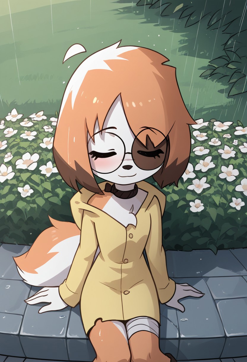 Expressiveh, score_9, score_8_up, score_7_up, score_6_up, score_5_up, best quality, high quality, good anatomy, high res, nice shading, nice angle, outdoor, 1girl, solo, sol, furry, animal ears, dog ears, tail, white tail, orange tail, ahoge, short hair, multicolored hair, orange hair, white hair, blush, skinny, cute face, sunglasses, round eyewear, hood, hood up, collar, bandaged legs, sad, smile, raining, garden, sit on face, flower, sleep, closed eyes
