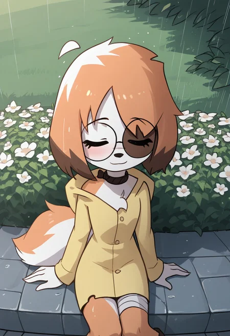 Expressiveh, score_9, score_8_up, score_7_up, score_6_up, score_5_up, best quality, high quality, good anatomy, high res, nice shading, nice angle, outdoor, 1girl, solo, sol, furry, animal ears, dog ears, tail, white tail, orange tail, ahoge, short hair, multicolored hair, orange hair, white hair, blush, skinny, cute face, sunglasses, round eyewear, hood, hood up, collar, bandaged legs, sad, smile, raining, garden, sit on face, flower, sleep, closed eyes