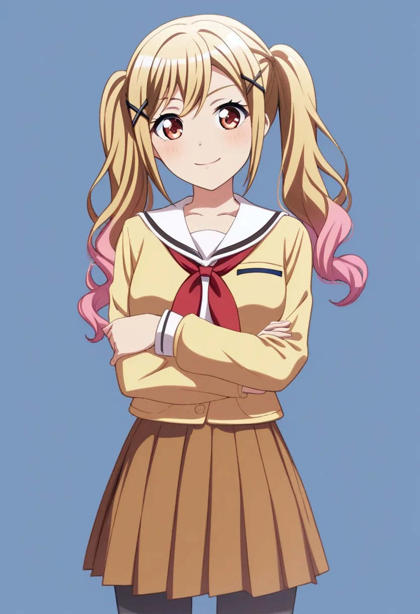 score_9, score_8_up, score_7_up, best quality, masterpiece, BREAK
saki, blonde hair, long hair, pink hair, gradient hair, red eyes, twintails, 1girl, solo, bangs, hair between eyes,
collarbone, collared shirt, yellow jacket, red necktie, loose nectie, white shirt, striped necktie, black thighhighs, black skirt, miniskirt, layered skirt, black ribbon, zettai ryouiki, saki_unit, ichigaya arisa, brown eyes,blonde hair,x hair ornament,twintails, (((hanasakigawa school uniform))),sailor collar ,((brown shirt,brown skirt)),black pantyhose, flirting, cowboy shot, simple background