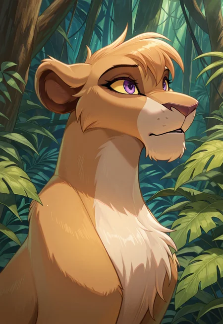 score_9, score_8_up, score_7_up, score_6_up, best quality, highly detailed, detailed fur, detailed background, Solo, Furry, female, feral, lioness, Vitani, purple eyes, yellow sclera, in the jungle,