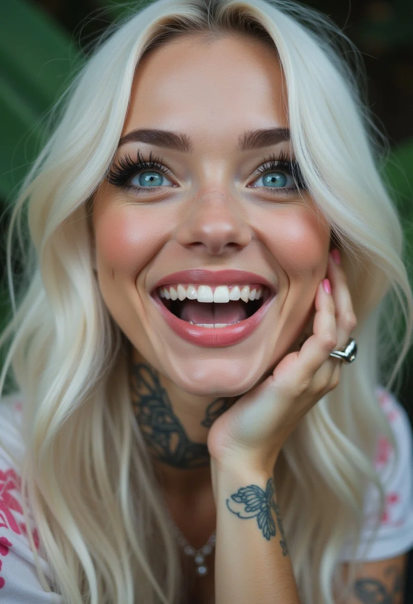 Hyperrealism, full body Portrait of a unique female character. Long-shot. She has large turquoise eyes filled with joy and excitement, extravagant eyelashes, masterpiece of photography and digital art. Style: realistic hyper-detailed rendering, 32k UHD, expressive eyes, Platinum hair, graphic design, pink hibiscus tattoo, pretty and cute, lips, white skin. Exuding confidence and serenity. Vibrant colored tattoos