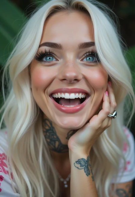 Hyperrealism, full body Portrait of a unique female character. Long-shot. She has large turquoise eyes filled with joy and excitement, extravagant eyelashes, masterpiece of photography and digital art. Style: realistic hyper-detailed rendering, 32k UHD, expressive eyes, Platinum hair, graphic design, pink hibiscus tattoo, pretty and cute, lips, white skin. Exuding confidence and serenity. Vibrant colored tattoos