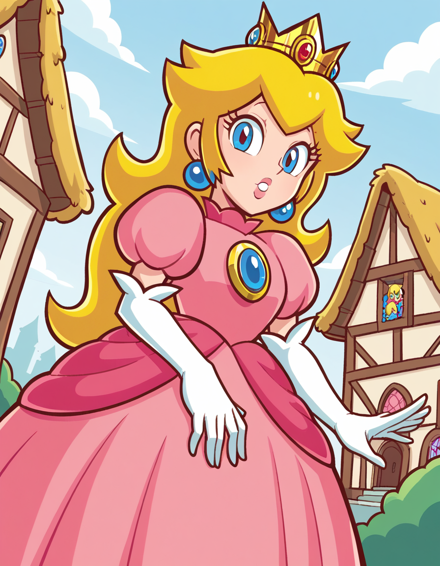 score_9, score_8_up, score_7_up, source_anime, <lora:super-princess-peach-ingame-ponyxl-lora-nochekaiser:1>, princess peach, blonde hair, blue eyes, long hair,, crown, dress, gem, gloves, pink dress, puffy short sleeves, puffy sleeves, short sleeves, white gloves,, village, houses, community, rural, farms, , from below, looking at viewer, solo,, dutch angle, cowboy shot