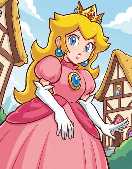 score_9, score_8_up, score_7_up, source_anime, <lora:super-princess-peach-ingame-ponyxl-lora-nochekaiser:1>, princess peach, blonde hair, blue eyes, long hair,, crown, dress, gem, gloves, pink dress, puffy short sleeves, puffy sleeves, short sleeves, white gloves,, village, houses, community, rural, farms, , from below, looking at viewer, solo,, dutch angle, cowboy shot