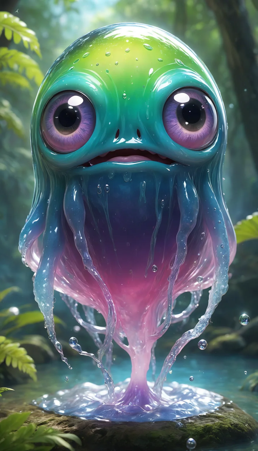 digital art of gradient-colored see-through slime creature , the slime has big anime like eyes without mouth, isekai world, depth of field, nature, sparkling eyes, sparkling aura,   vibrant colors blending seamlessly, high-definition textures, intricate details, perfect lighting, 8k resolution, floating in mid-air, glossy surface, highly detailed, vivid reflections, dynamic composition