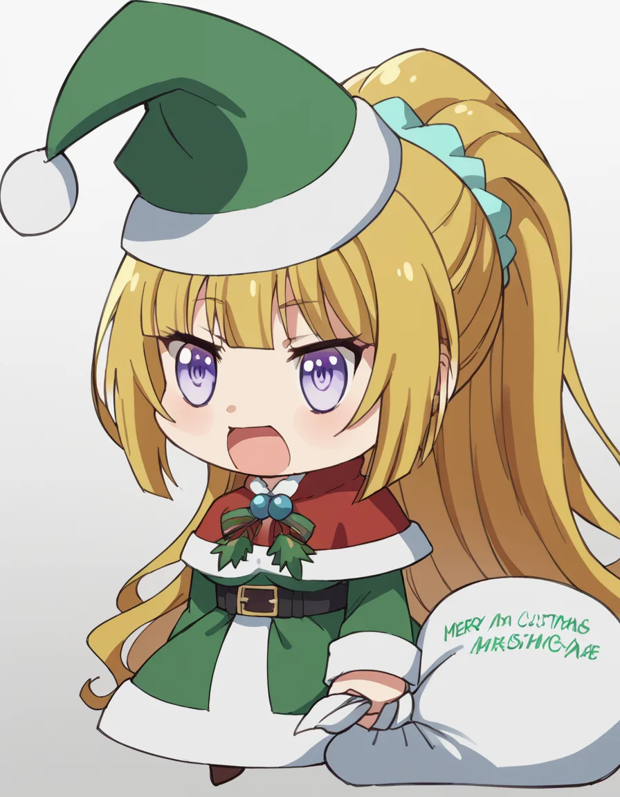 score_9, score_8_up, score_7_up, source_anime, <lora:kei-karuizawa-anime-s2-ponyxl-lora-nochekaiser:1>, kei karuizawa, long hair, bangs, blunt bangs, purple eyes, blonde hair, hair ornament, ponytail, scrunchie, blue scrunchie, medium breasts,, <lora:padoru-ponyxl-lora-nochekaiser:1>, padoru, padoru (meme), holding sack, sack, santa hat, meme, christmas, open mouth, chibi, red capelet, santa dress, capelet, fur-trimmed headwear,, ,